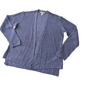 Eileen Fisher Cardigan XS Blue Organic Linen Ribbed Open Front Knit Women